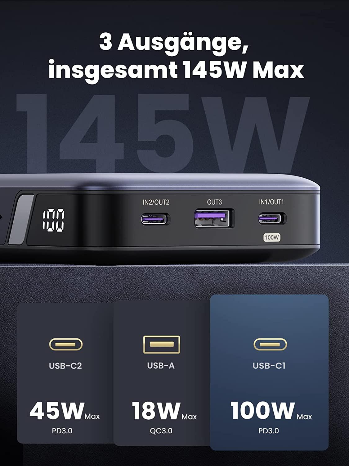 UGREEN 145W Max Power Bank 25000 mAh, 3 Anschlüsse, USB-C, Digitales Display - CarbonPhone